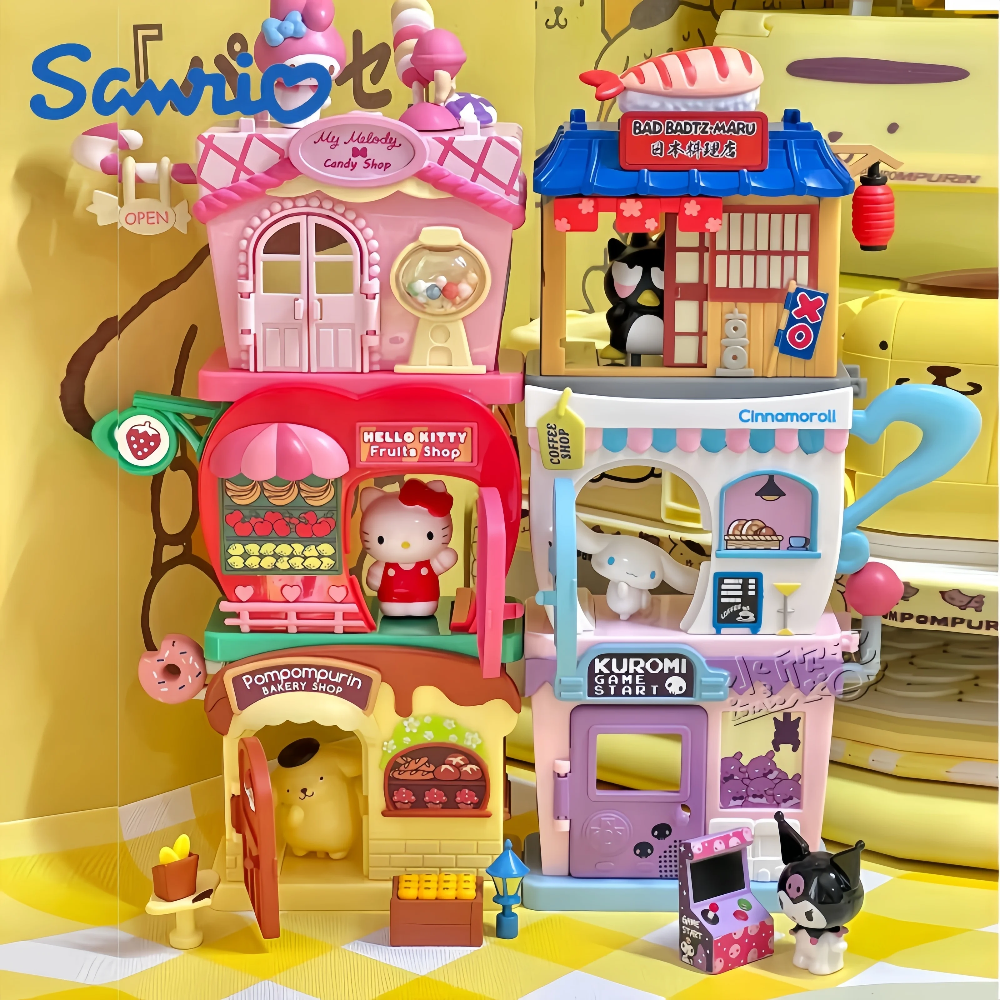 Sanrio Cinnamoroll Hello Kitty Kuromi Play House Stackable Street View Splicing Toys Figure Anime Figurine Kids Play House Gift