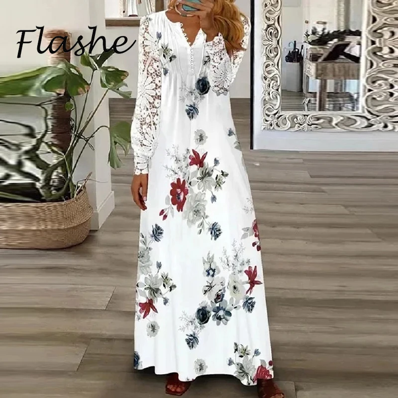 

Spring Summer Floral Print Long Dress Boho V Neck Long Sleeve Lace Patchwork Party Dresses For Women Fashion Holiday Maxi Dress