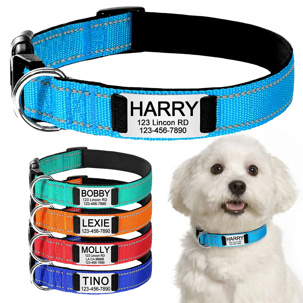 Personalisiertes, reflektierendes, individuell graviertes Hundehalsband, Namens-ID-Tag, leuchtender Welpe, glänzend, großes Unisex-Hundehalsband – Detail 1
