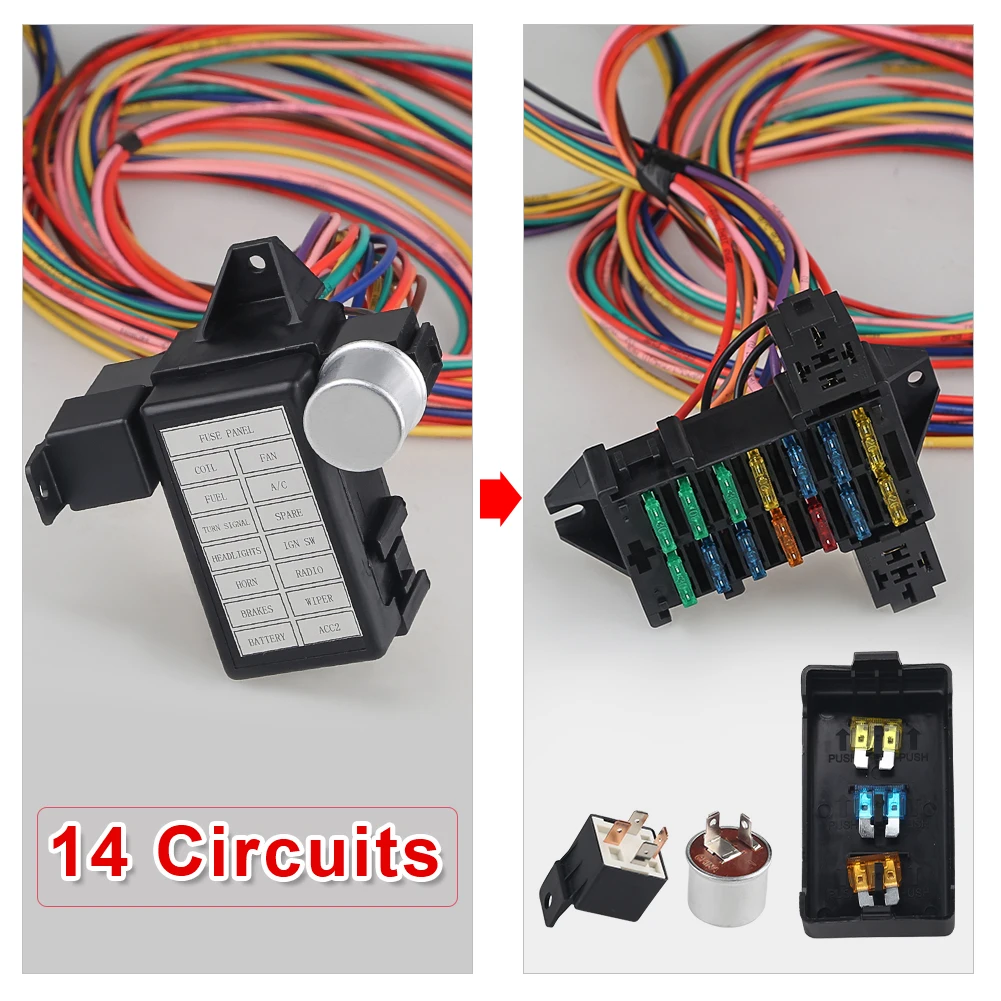 

Universal Wire Harness Muscle Car Hot Rod Street Rat With Fuse Box AssemblyUniversal 14 Circuit Fuse Car Accessories