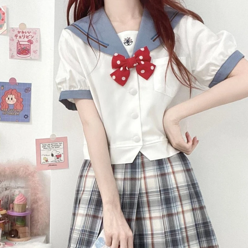 Japanese Jk Uniform Summer Sailor Collar Pocket Blue Short Sleeves Top Light Blue Mini Pleated Skirt Fashion Versatile Set Girls