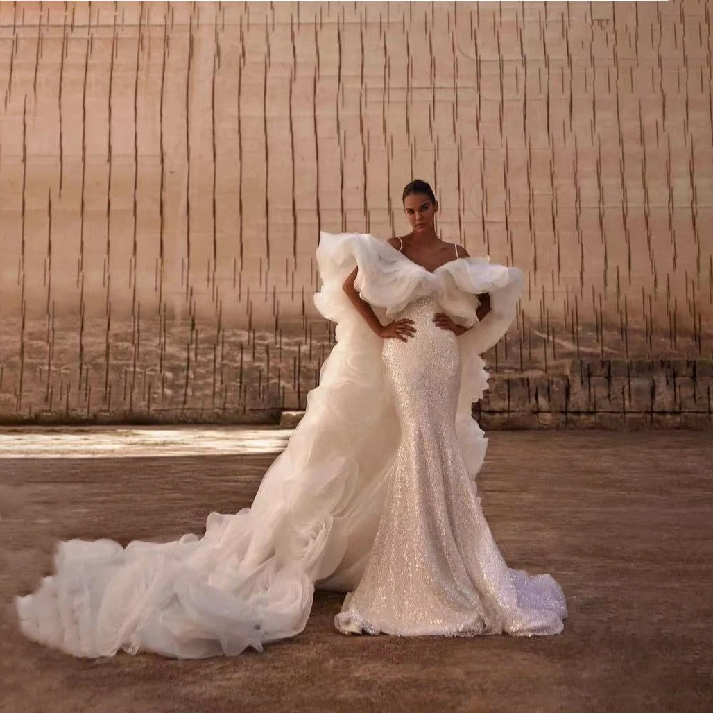 

Дубай Роскошные свадебные платья русалки с цветочным принтом 3D Цветочные длинные свадебные платья с накидкой и рукавами с рюшами и блестками Вечернее платье Русалка