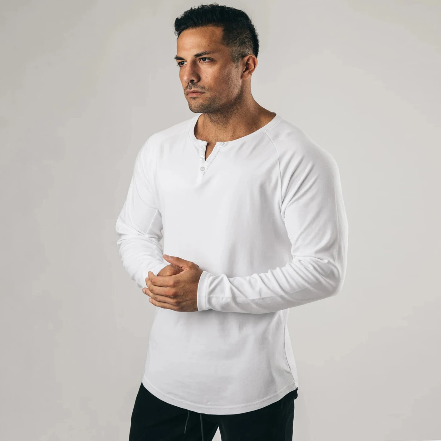 Men Muscle Shirt Long Sleeve T-shirt Solid Vintage Henley Shirts Sports Fitness Casual Cotton Stretch Thin V-neck Tee