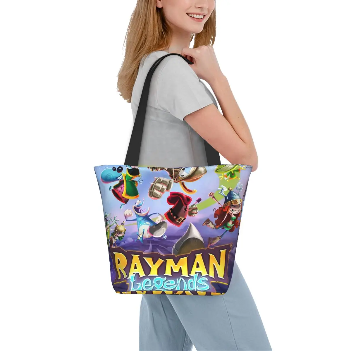 حقيبة تسوق من ألعاب الرسوم المتحركة Rayman Legends حقيبة كتف من القماش ذات سعة كبيرة للمتسوقين وحقيبة يد للبقالة للنساء