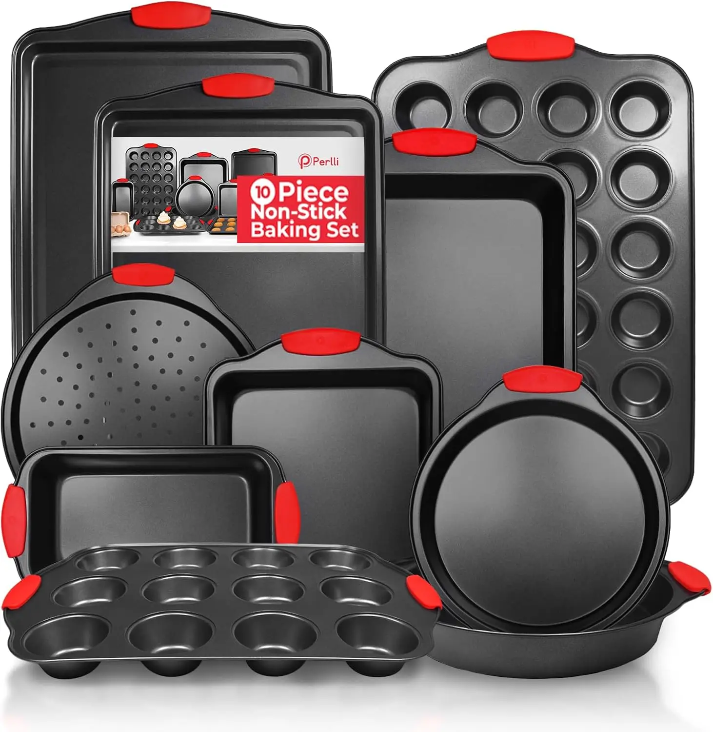 

Non-Stick 10-Piece Baking Pan Set, Carbon Steel Bakeware with Silicone Handles, Stackable Oven Set, Cookie Sheet, Baking Tray