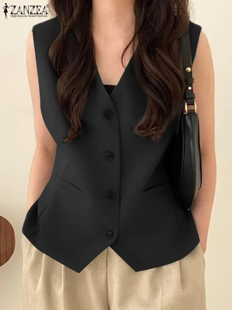 

ZANZEA Fashion Sleeveless Blazer Outwear Women Tank Waistcoat Elegant Office V Neck Suit Vests 2024 Summer Khaki Tanks Oversized