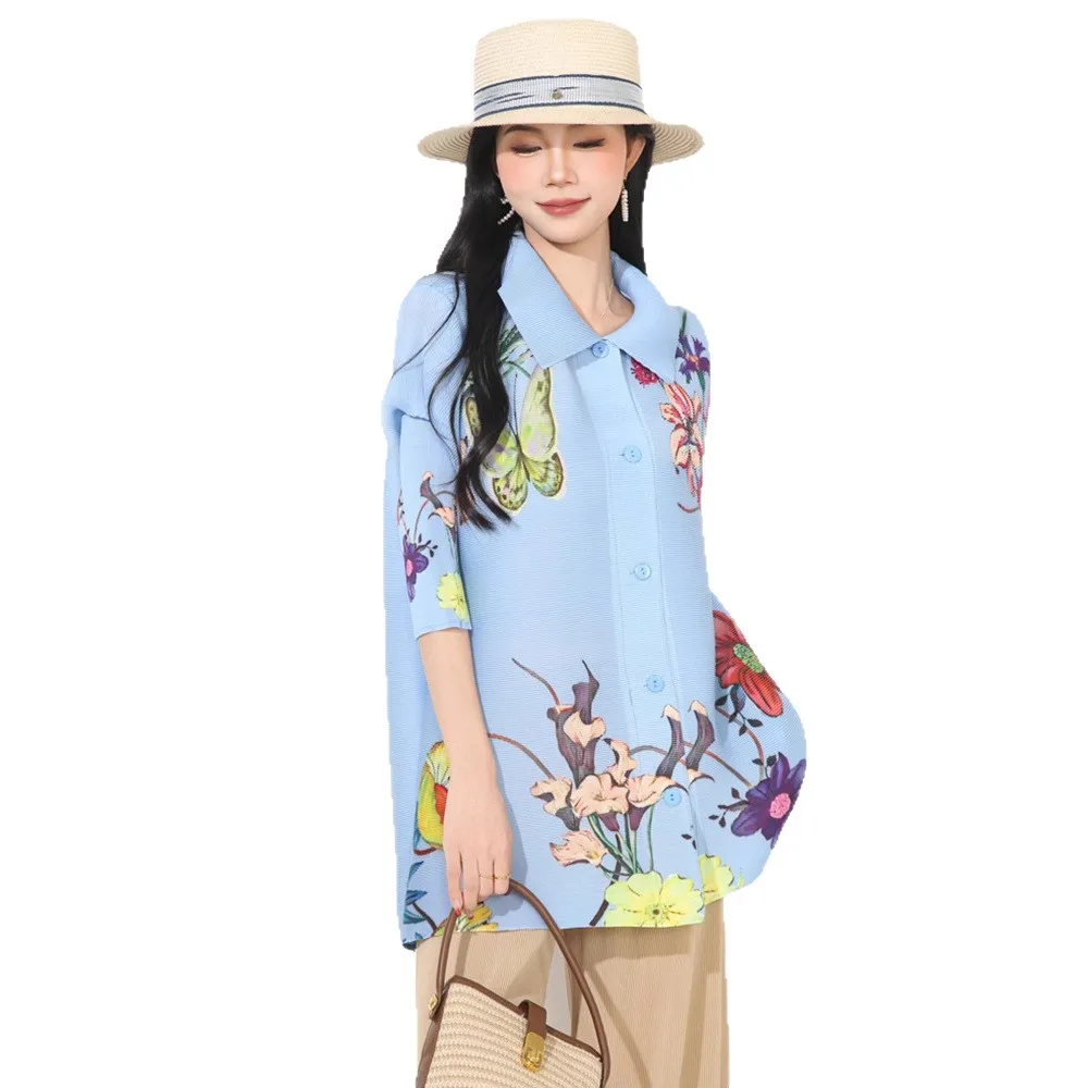 Miyake 2025 New Spring and Autumn Large Size Fashionable Noble Lapel Top Foreign Style Age-reducing Advanced Pleated Shirt Women