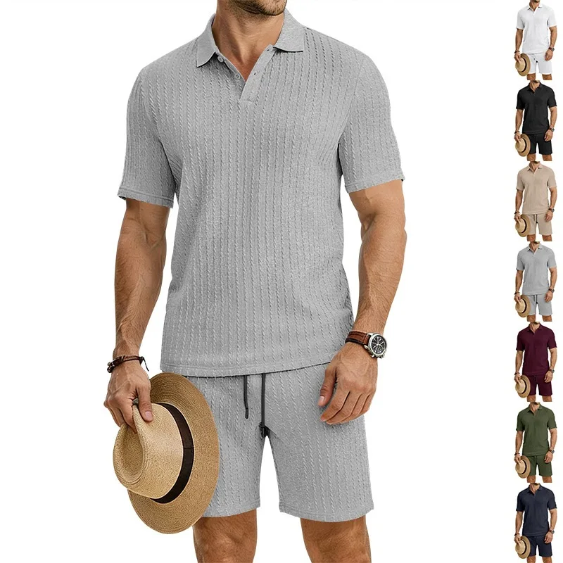 Conjunto de Polo y Pantalones Cortos de Punto Texturizado para Hombre, Novedad 2026, Estilo Casual de Verano, Holgado, de 2 Piezas, Transpirable, para Vacaciones en la Playa