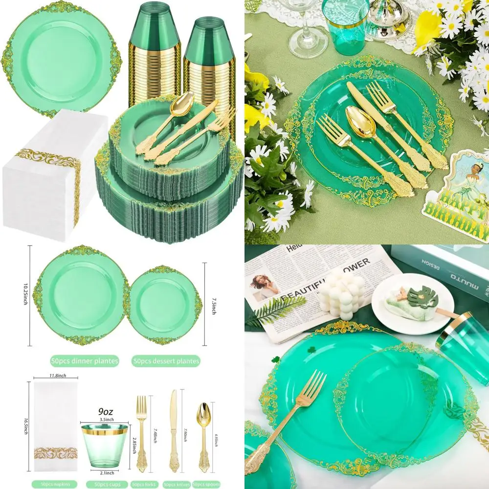 

Прозрачные зеленые пластиковые тарелки, 350 шт. — элегантный набор одноразовой посуды для 50 гостей, размеры 10,25 и 7,5