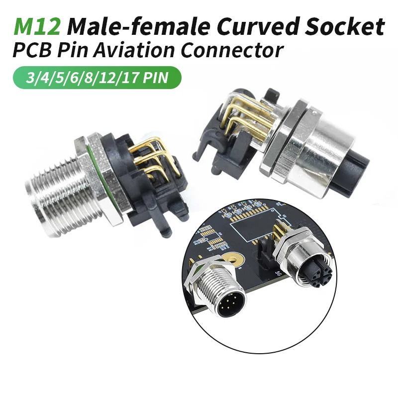 M12 PCB Connector 2 3 4 5 8 10 12 17 Pin 90 Degree Bent Pin PCB Solder Board Aviation Plug Male Female Threaded Type Socket 1-4A