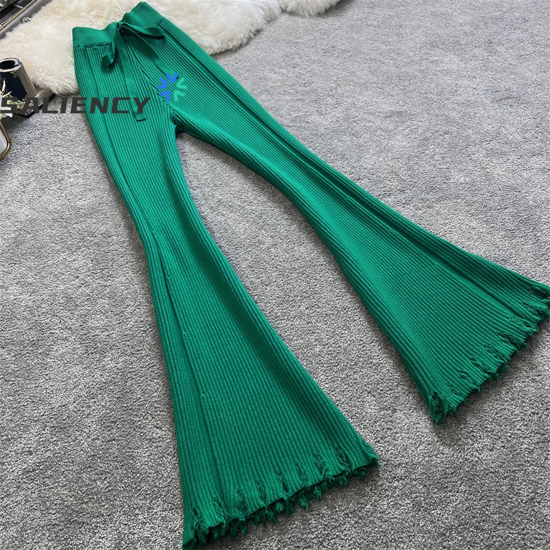 

2023 Spring and Autumn Draped Fringe Knitted Pants Women Loose High-waisted Thin Casual Straight Pants Micro Trousers