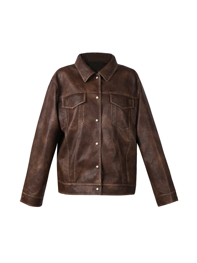 레트로 워싱 PU 가죽 재킷 여성용 가을 겨울 숏탑 스탠드 칼라 및 3D 포켓 디자인 by Itsnikar