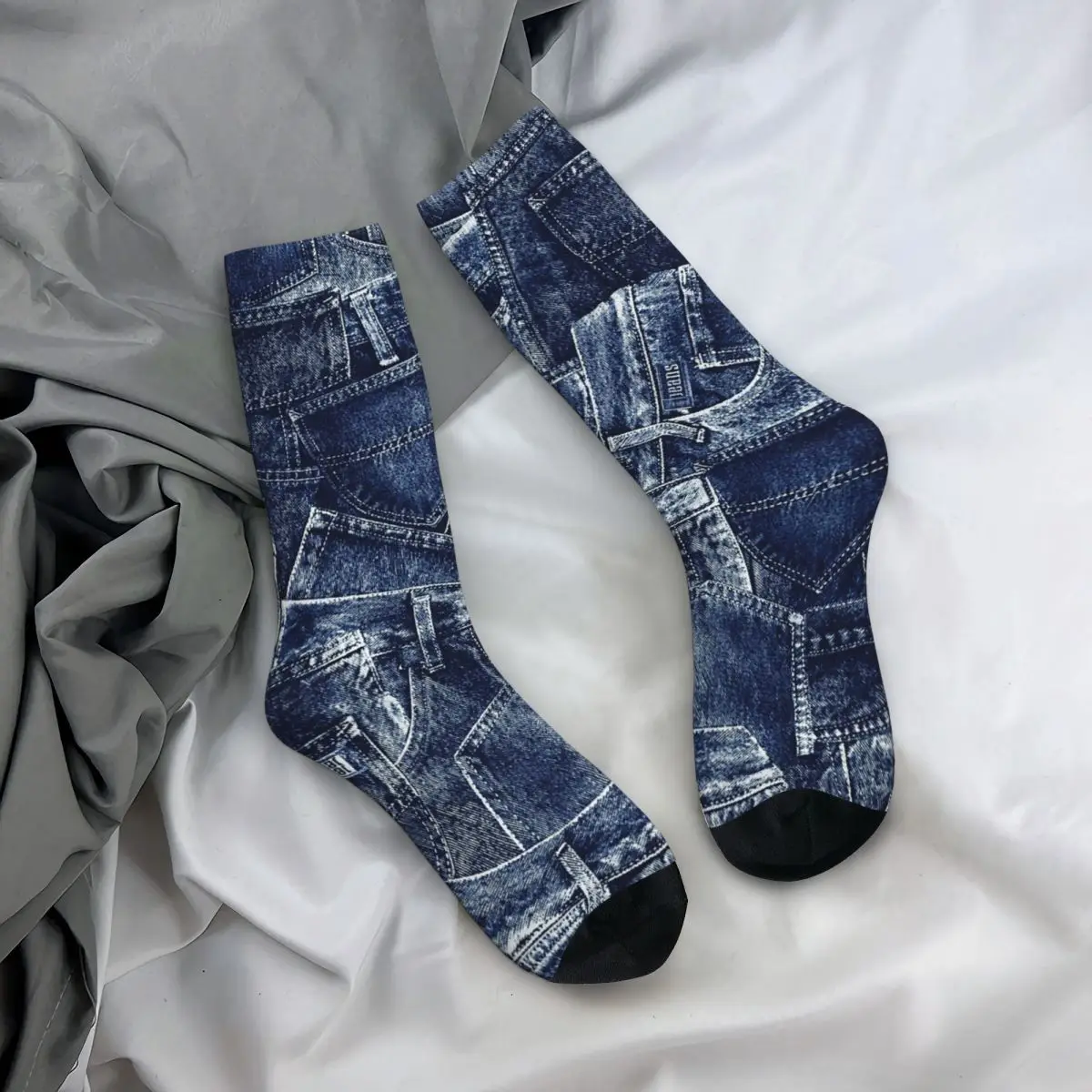 All Seasons Crew Stockings Faux Denim Texture Socks Casual Long Socks for Men Women Valentine's Day Gifts