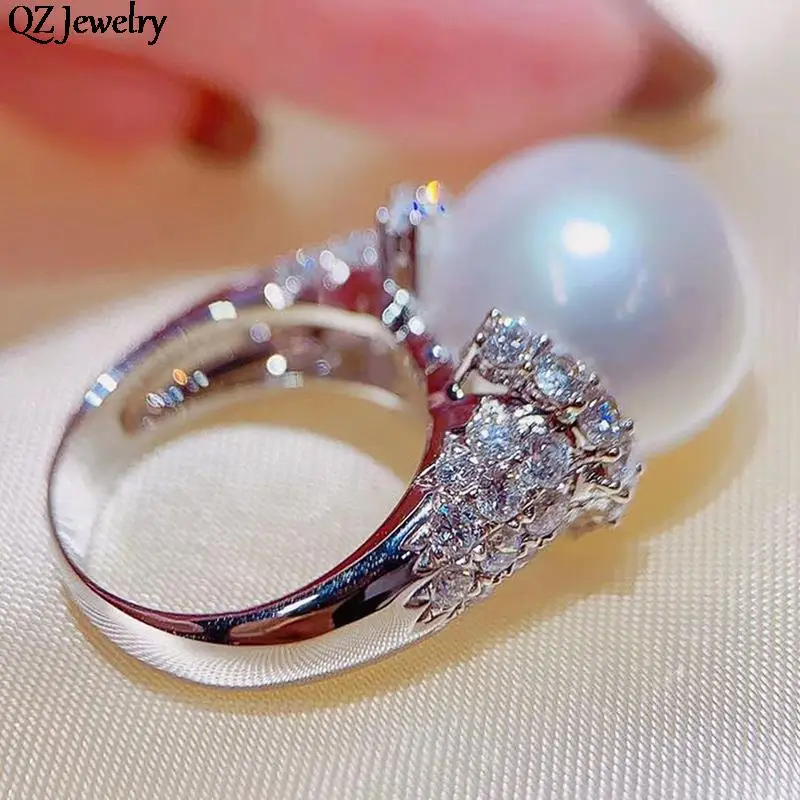 Elegant Pearl Cubic Zirconia Rings Bling Iced Out CZ Simulated Pearl Rings for Women Wedding Party Rings Fashion Jewelry Gifts