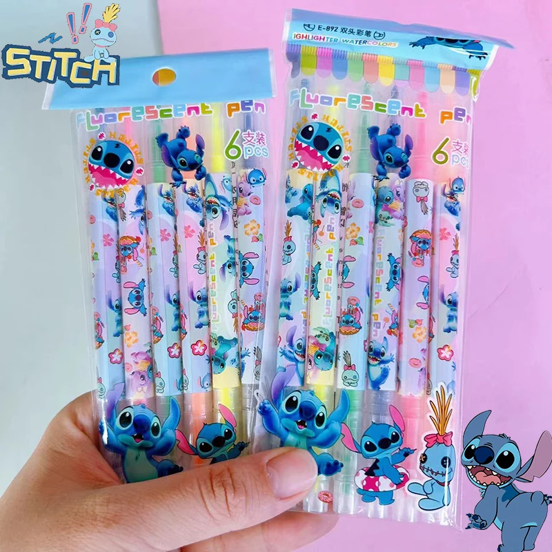 6pcs/set Disney Stitch Double Ended Highlighter Children's Drawing Graffiti Markers Student Supplies Stationery Christmars Gifts