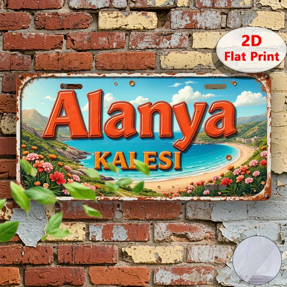1 plaque vintage |   Impression 2D plate, plaque décorative et statues, Alanya Kalesi, plage, Turquie, décoration rétro en métal