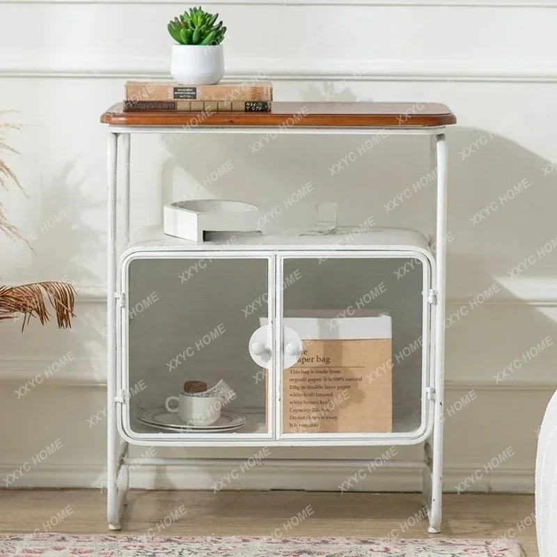 A French retro side cabinet, white household wrought iron coffee cabinet, living room wall glass, display cabinet
