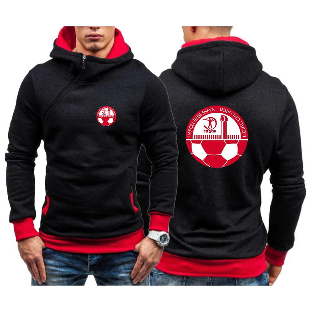 2025 Spring Autumn Men's Hapoel Beer Sheva Logo Print Fashion High-Quality Diagonal Zip Design Slim Long Sleeve Pullover Hoodies