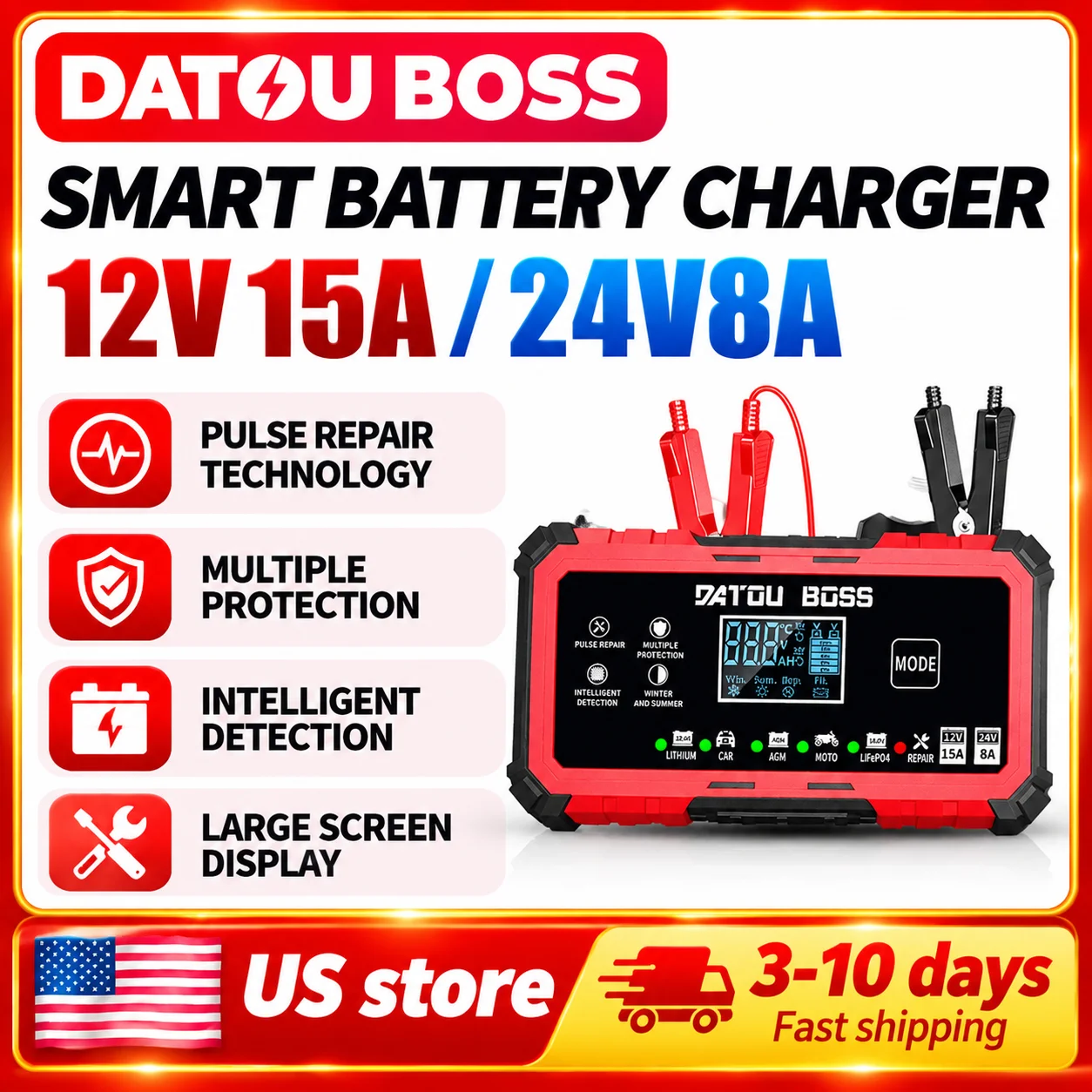 DATOUBOSS Battery Charger 15-Amp 12V/24V Smart Car Battery Charger, Trickle Charger & Maintainer with Pulse Repair, for Lead-Acid AGM LiFePO4 Lithium Batteries, for Car Truck Boat (12V 15A/24V 8A)