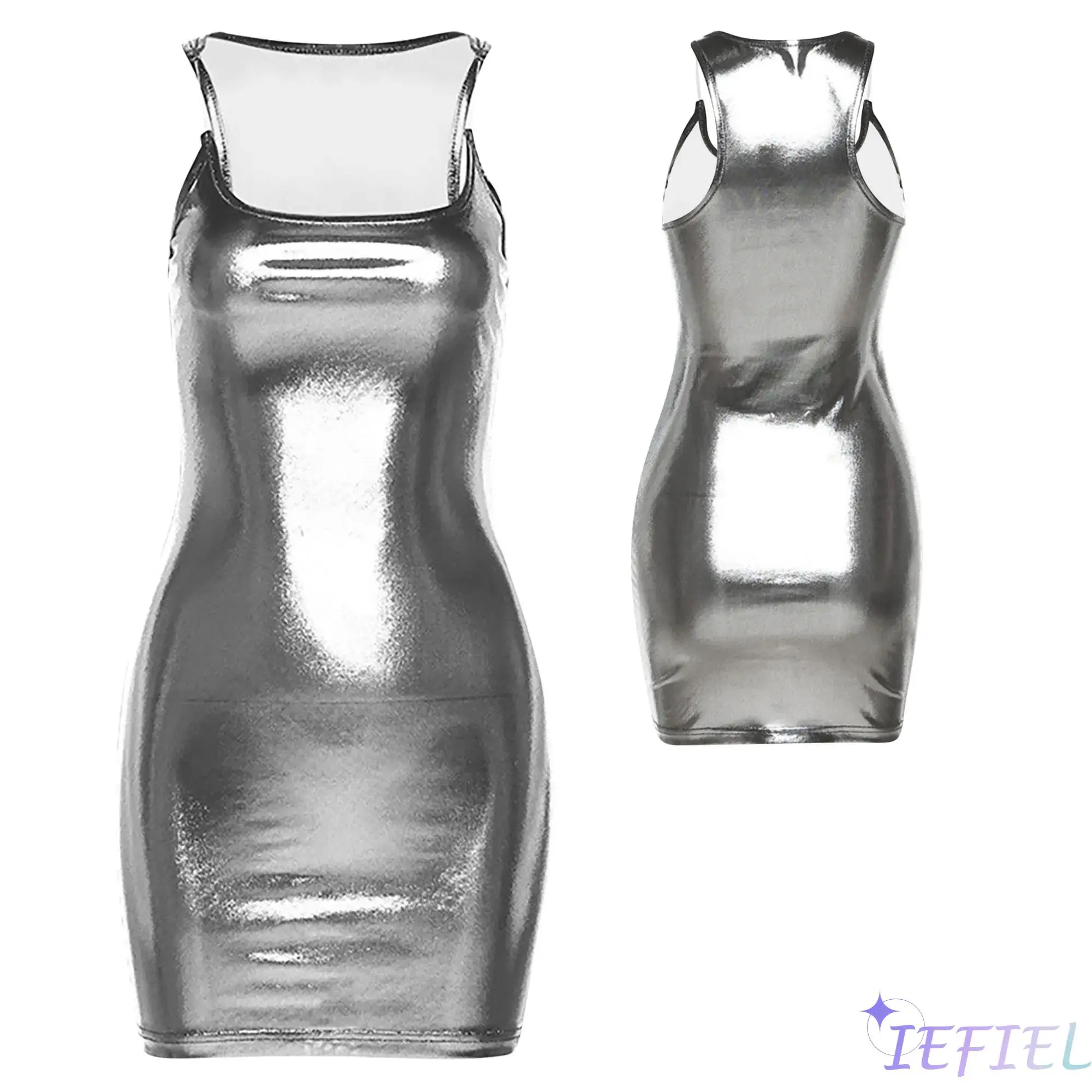 

Womens Metallic Shiny Disco Dance Dress bodycon Mini Dress Transparent Shoulder Strap Square Neck Dress Clubwear for Raves Party