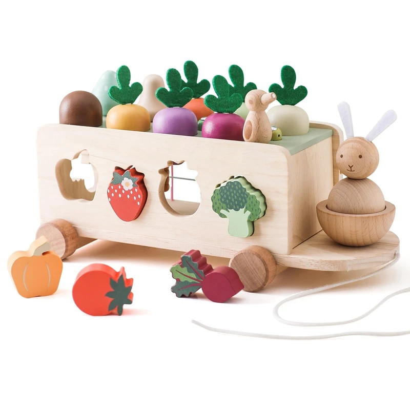 

Wooden Turnip Car Stretch Rope Hand-pulled Car Parent-child Education Montessori Toys Baby Carrot Pulling Toy Shape Matching Toy