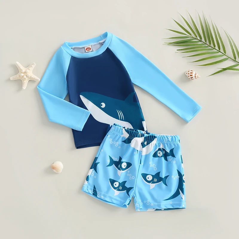 Kids Boys 2 Pieces Swimwear Set Shark Print Crew Neck Long Sleeve Tops and Swim Trunks Swimsuit Bathing Suit