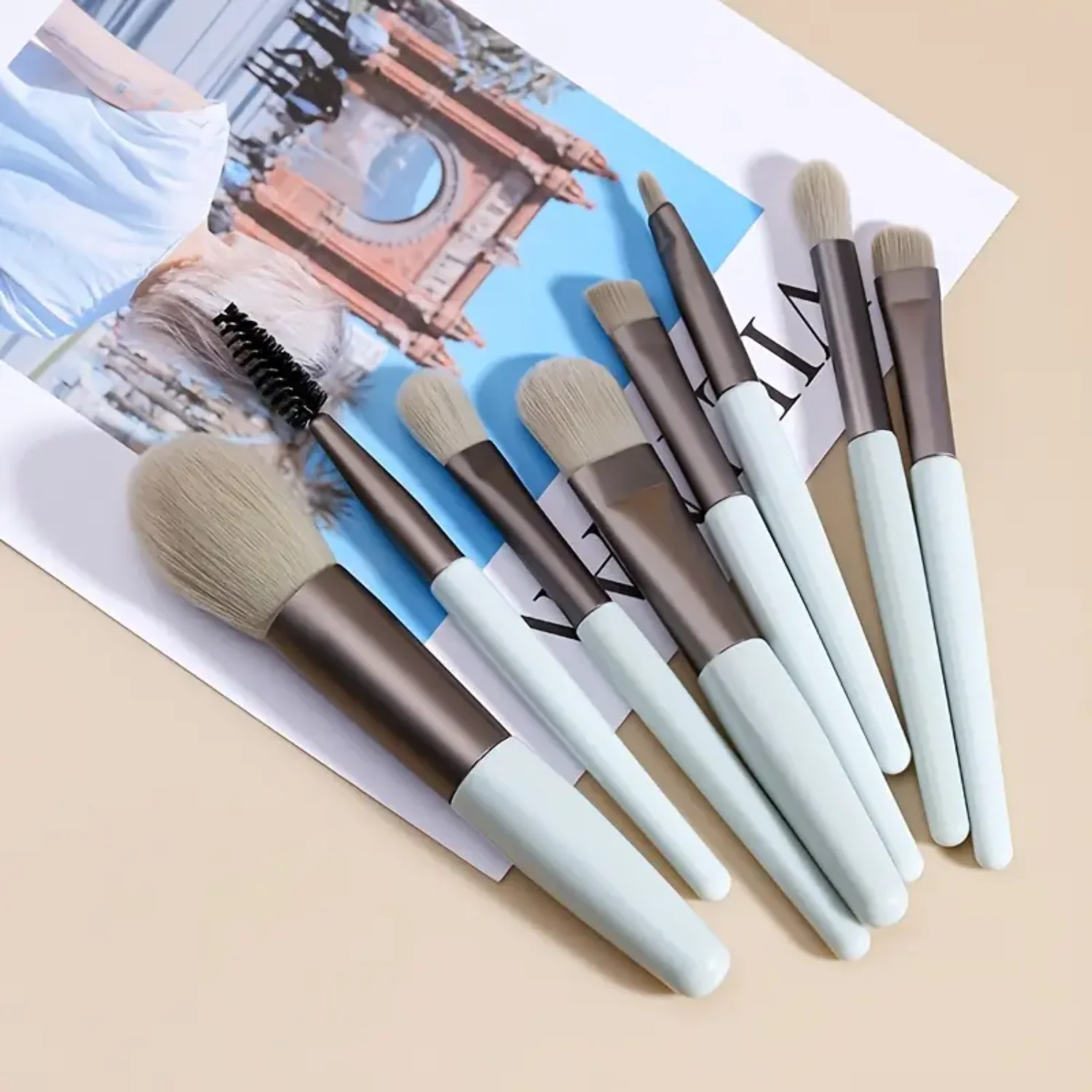 Travel Makeup Brushes Set 8 Pcs: Foundation, Blush, Eye Shadow, Eyelash, Lip & Brows Kit - Portable & Mini Size