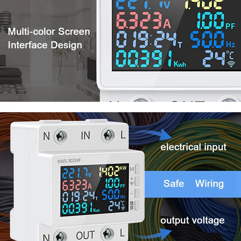 2X Tuya No Wifi Misuratore di potenza Schermo a colori 2P Misuratore di energia CA multifunzione Controllo APP da remoto 170-300V/63A -B