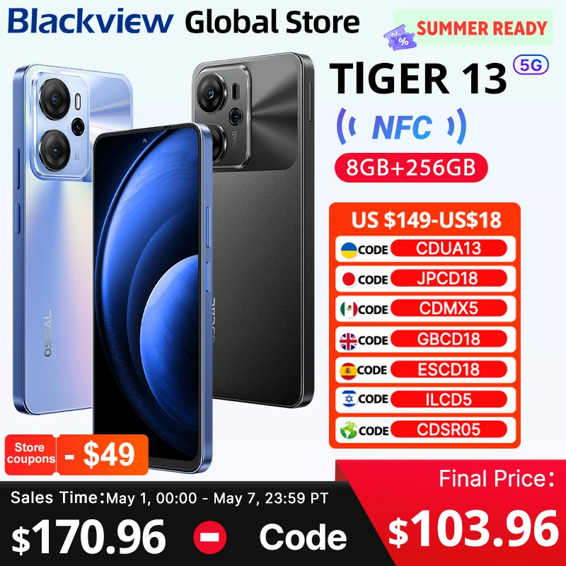 Blackview Oscal Tiger 13 5G Smartphone 6.67 inch 90Hz IPS Display Unisoc T760 NFC 5000mAh 8GB 256GB  50MP AI Camera Mobile Phone