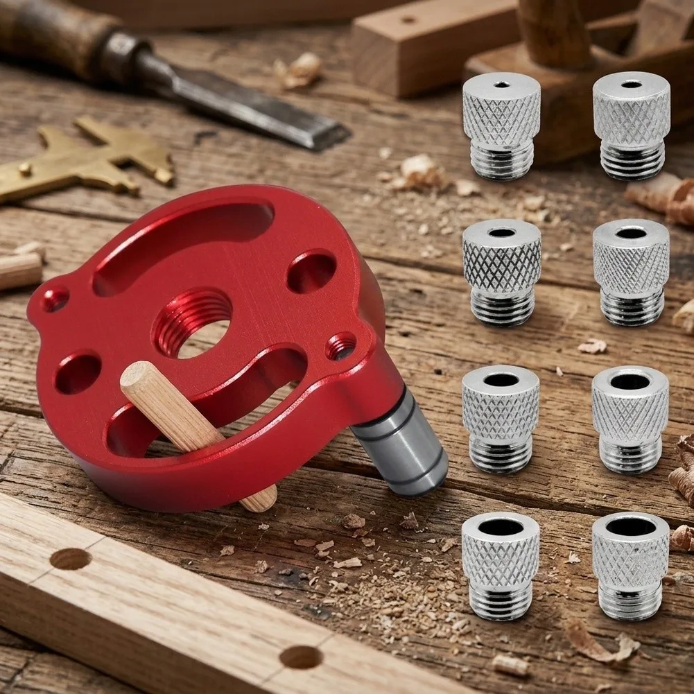 Aluminum Drill Alignment Tool with Eight Sized Bushings Supporting Mortise Joints and Cabinet Construction Work