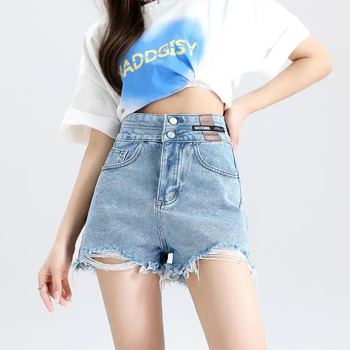 

High Waist Double Buckle Frayed Hem Short Jeans Women's Spring Summer Slimming Wide Leg A-Line Hot Pants Personality Match