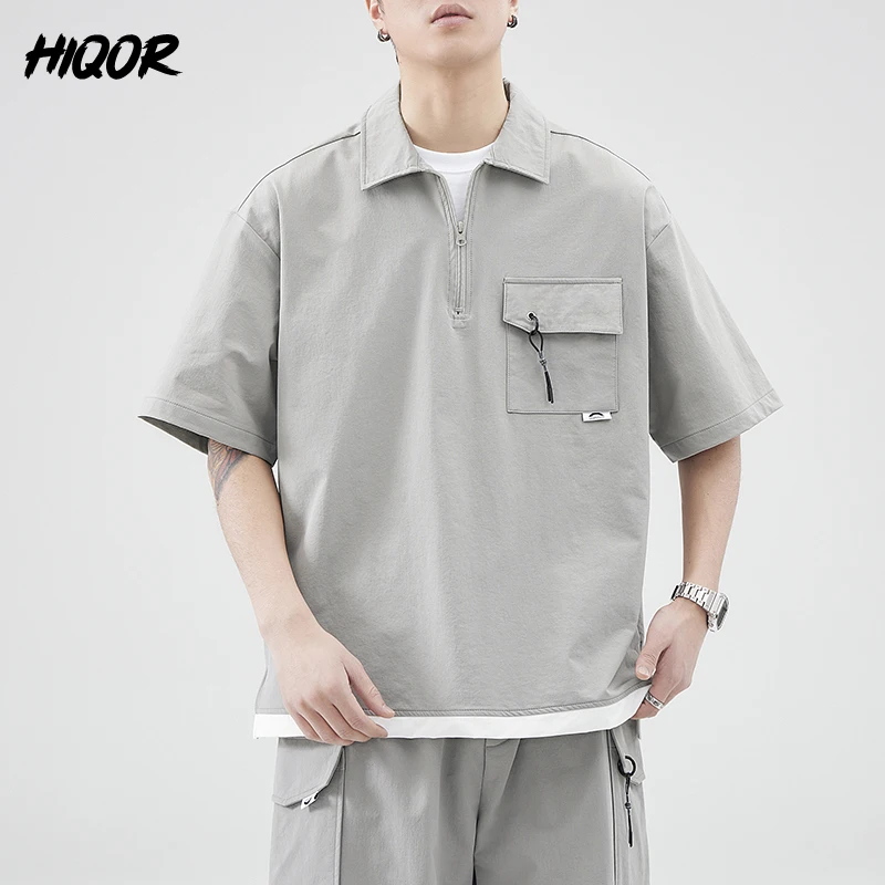 

New Men's Business Casual Short Sleeved Shirt with Zipper Pullover Comfortable Summer Versatile Polo Neck Top Solid Loose Shirts