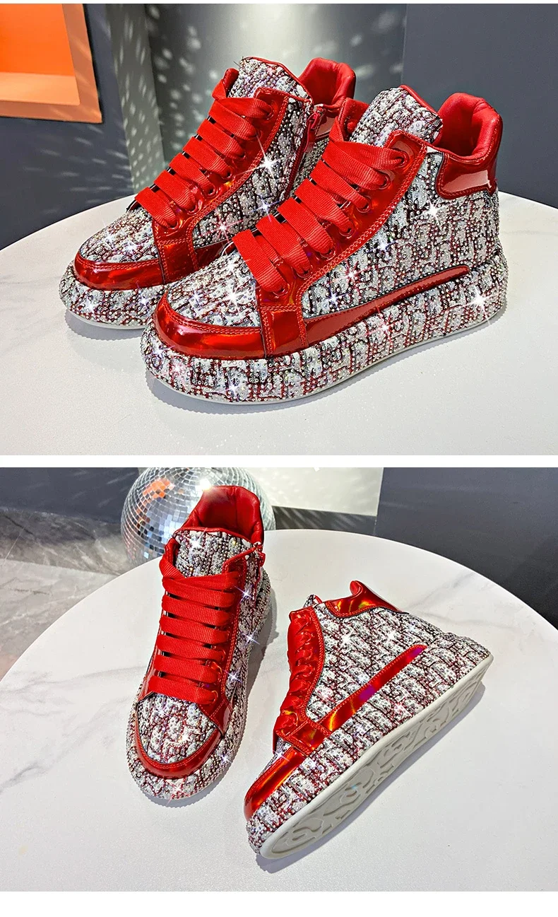 Women's Full Diamond Platform Sneakers Personalized Water Diamond Colored Embroidery Casual Shoes High Top Luxury Sports Shoes