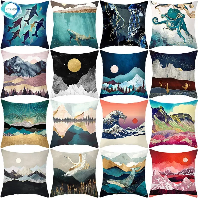 Nordic Golden Line Geometric Mountain Waves Landscape Cushion Cover Abstract Whale Animal Plant Scenery Pillow Case Home Decor