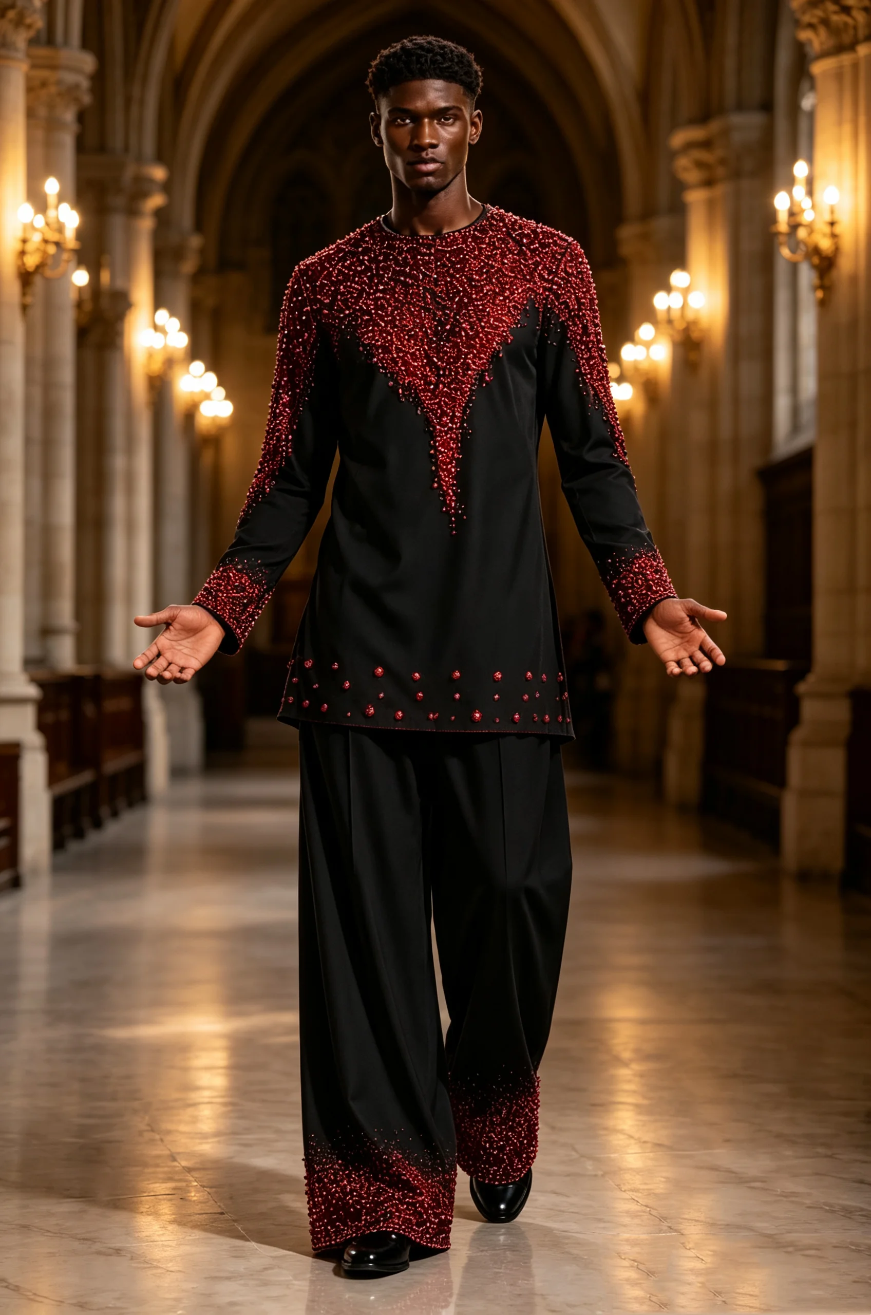 Men Formal Wear Red - Luxury Red Pearls Men Suit Set