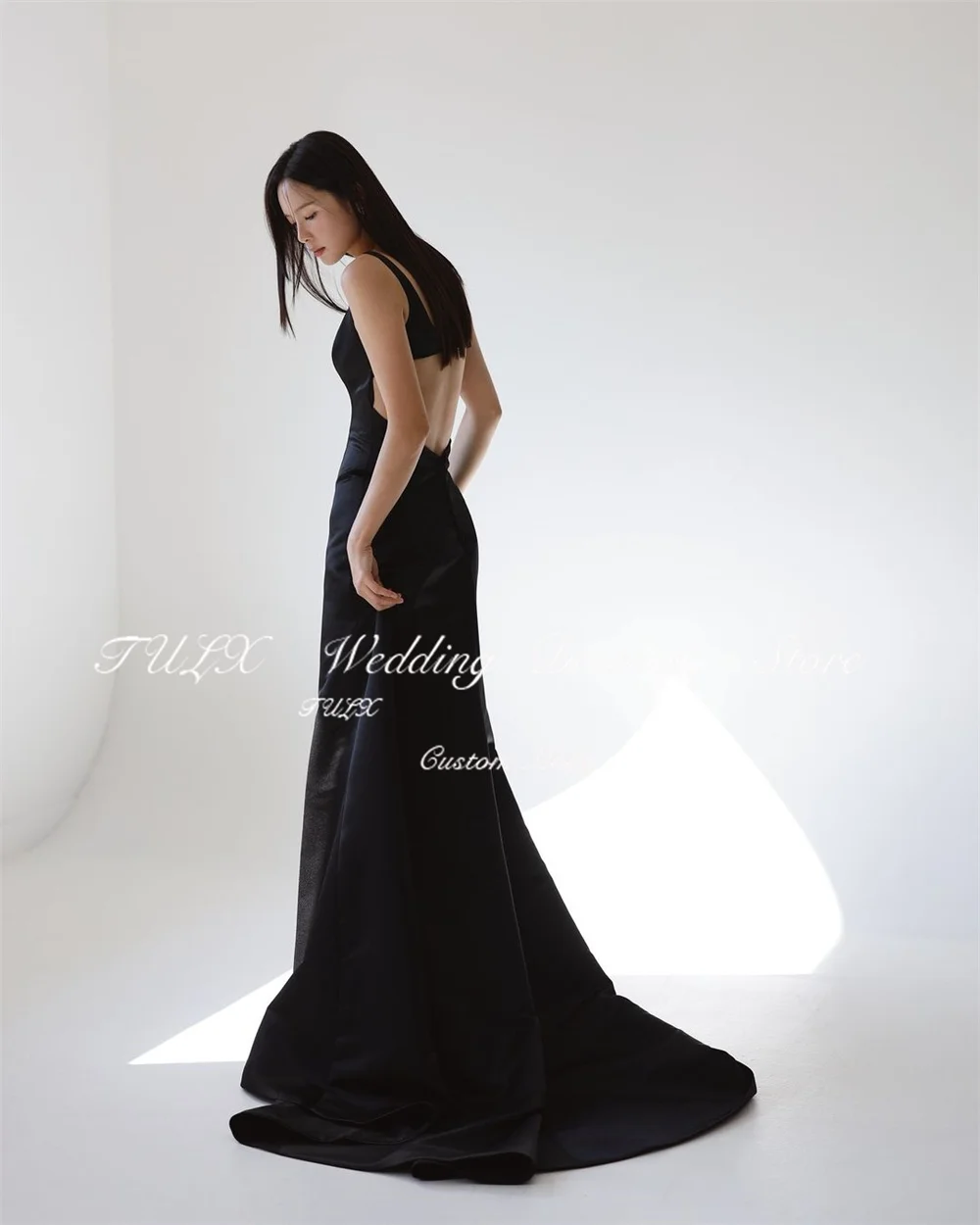 TULX Robe de soirée en satin à bretelles spaghetti simples Corée Robe de séance photo de mariage dos nu Noir Longue traîne de balayage Personnalisé Garona