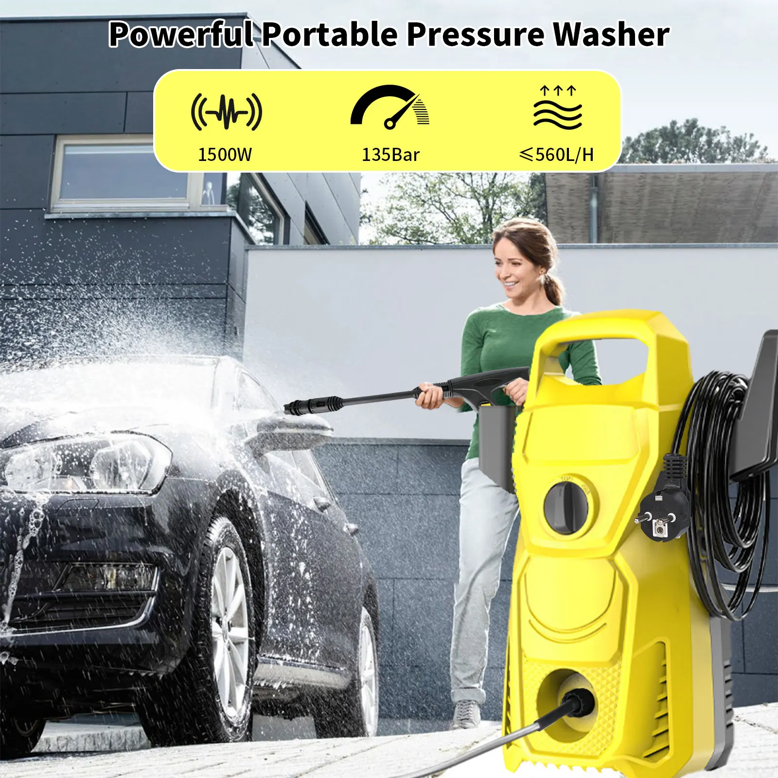 Hidrolavadora Eléctrica de Alta Presión de 135 Bares y 1500 W, Pistola de Lavado de Autos, Pistola de Agua para Jardín, Pistola de Rociado de Agua 0-160 °   Boquilla Ajustable