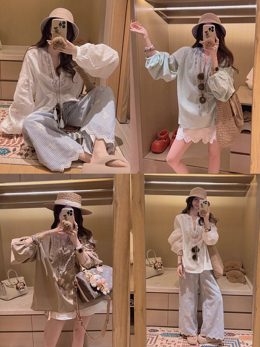 

Yukiss Linen Series Water Soluble Lace Embroidery Concealing Meat Lantern Sleeve Shirt Women's Fashion Spring V-neck Long Sleeve