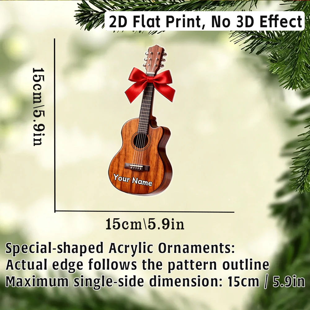 2D Flat‑Personalised Name Acrylic Ornament,Acoustic Guitar With Bow Pattern,Xmas Tree Decor,Unique Holiday Gift