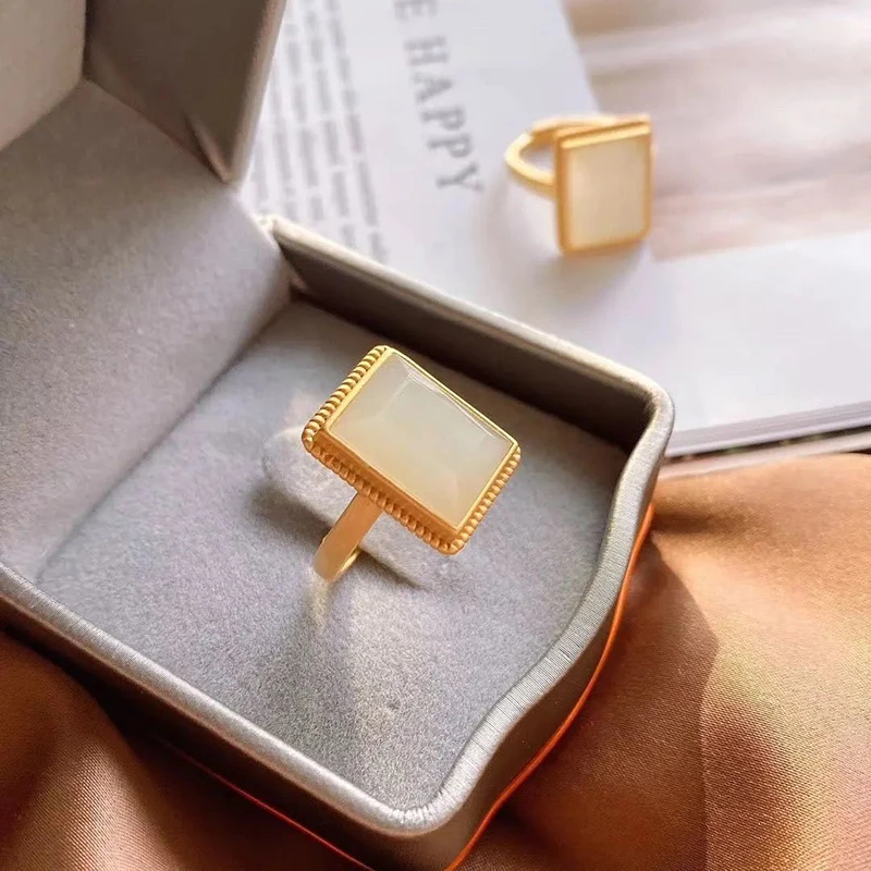 Natural Hetian White Jade Geometric Square Opening Adjustable Ring Chinese Style Retro Unique Ancient Gold Craft Women's Jewelry - view 2