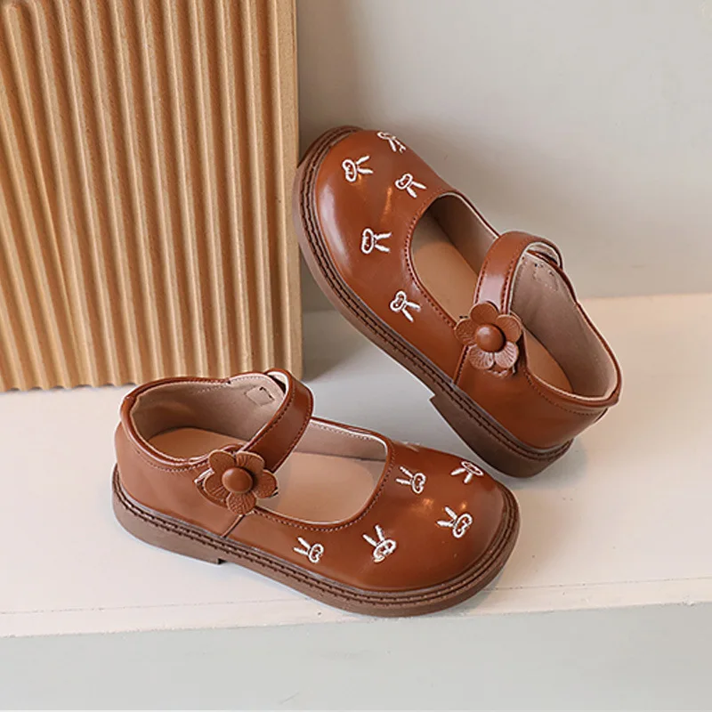 2023 New Bunny Embroidery Girls Leather Shoes Brown Beige Black Japanese Style Children Moccasin Shoes Soft Princess Kids Shoes