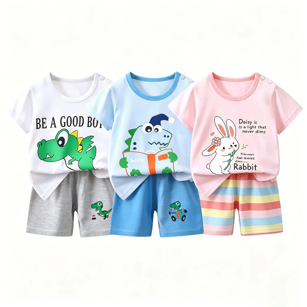 2-Pcs Summer Children's Pyjamas 100% Cotton Short-sleeved Shorts Suit Boy Casual  Dinosaur Top Girl Pink Sweet Soft Home Clothes