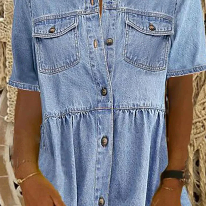 Mini camicia estiva da donna elegante Abito blu da spiaggia Vestito estivo Casual Allentato Manica corta Abiti monopetto Abiti da donna