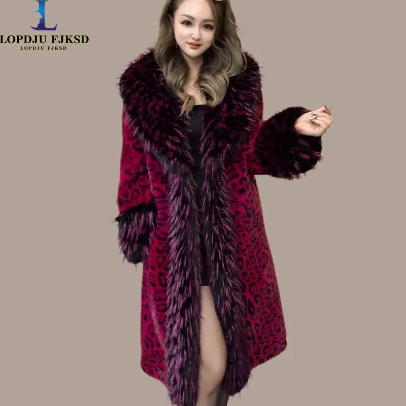 Faux Fur Coat for Women,Spliced Long Jacket,Thick Warm Female Clothes,Fox Fur Collar,Autumn and Winter,2025