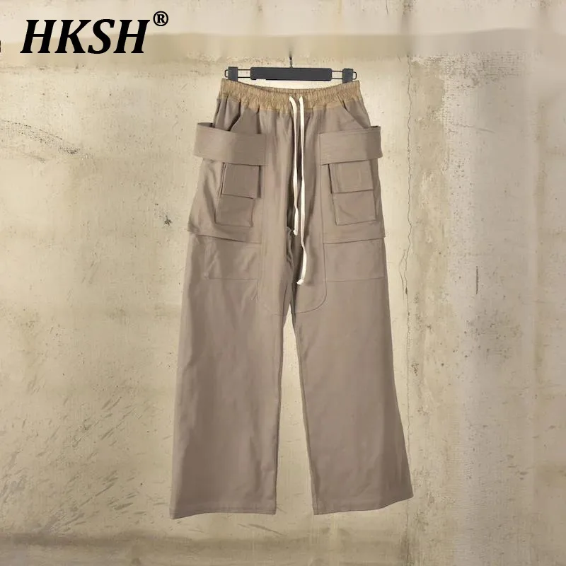 

HKSH Spring Summer New Man Dark Niche Design Cotton Large Pockets Straight Double Loop Drawstring Cargo Pants High Street HK6074