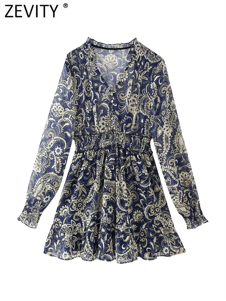 Zevity Women Vintage V Neck Paisley Floral Print Chiffon Mini Dress Femme Chic Long Sleeve Elastic Waist Ruffles Vestidos DS7210