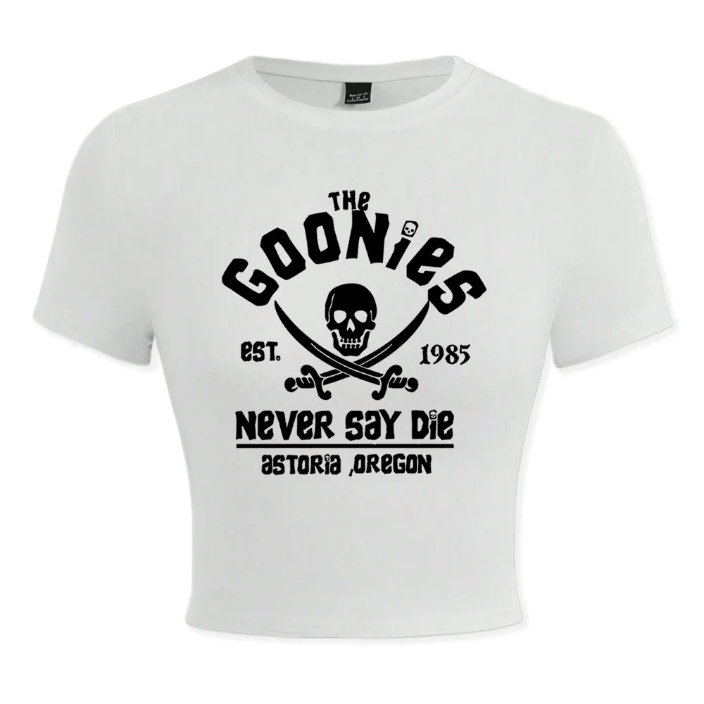Die Goonies est 1985 sagen nie sterben Frauen T-Shirt Slim Fit Mode T-Shirt Sommer elastische Kleidung eng anliegende coole kurze T-Shirt