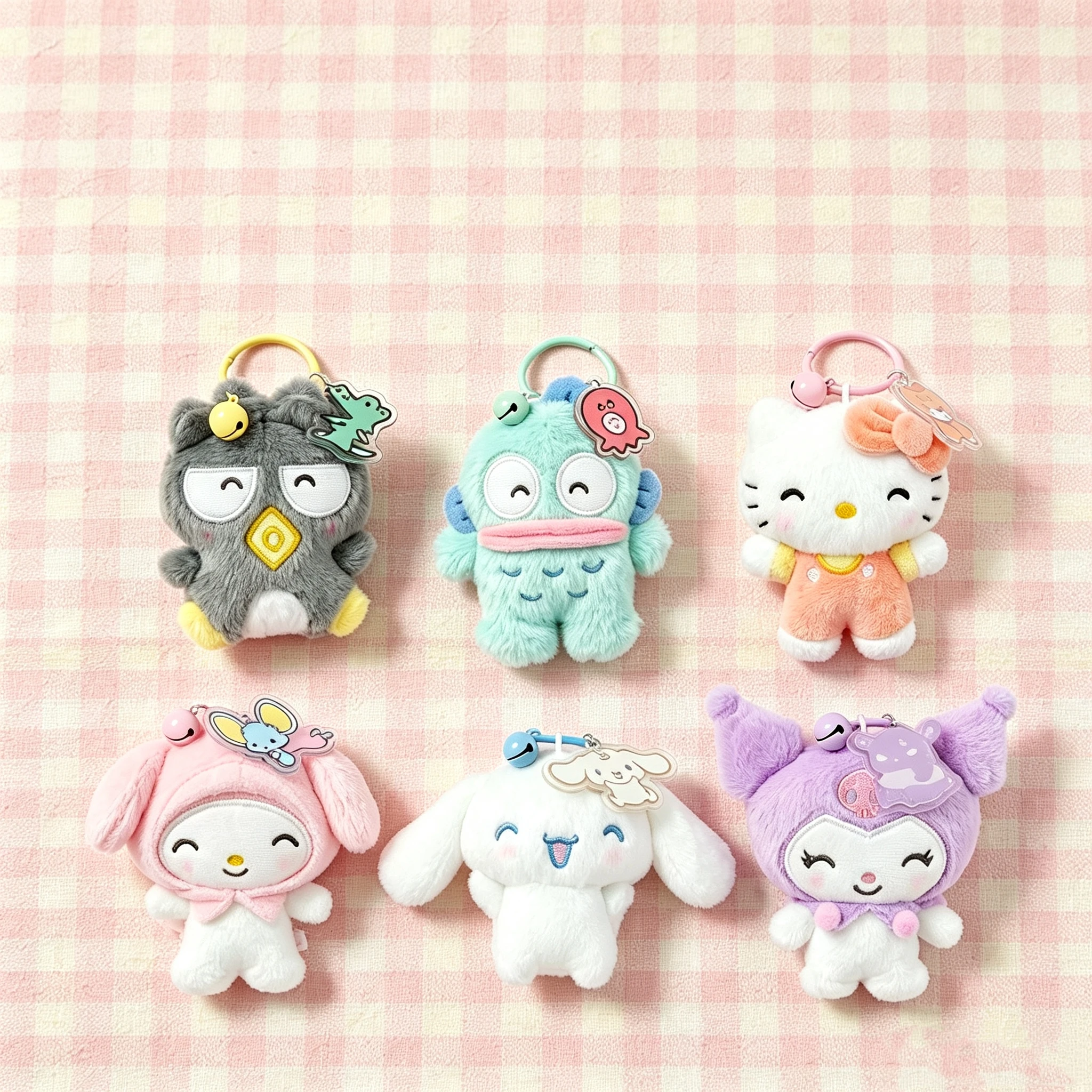 Original Sanrio lizenzierter Plüsch-Schlüsselanhänger aus der Bell-Serie, niedlicher Cartoon-Charakter-Anhänger mit Acryl-Tag, weicher, flauschiger Rucksack-Charm.