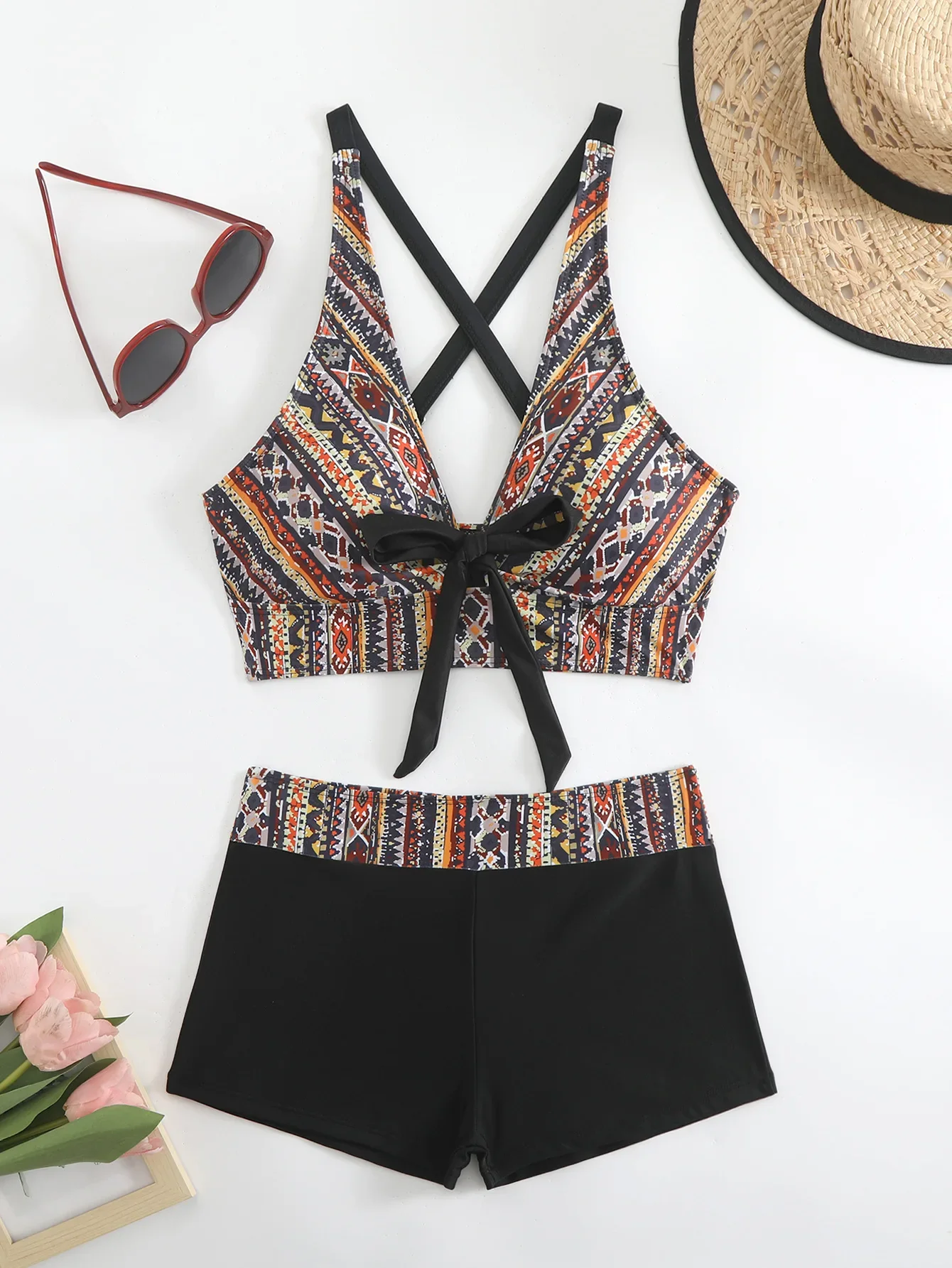 

Womens High Waisted Swimsuits with Boy Shorts Brazilian Triangle Top Print Halter Bikini Two Piece Bathing Suits Bowtie Swimwear