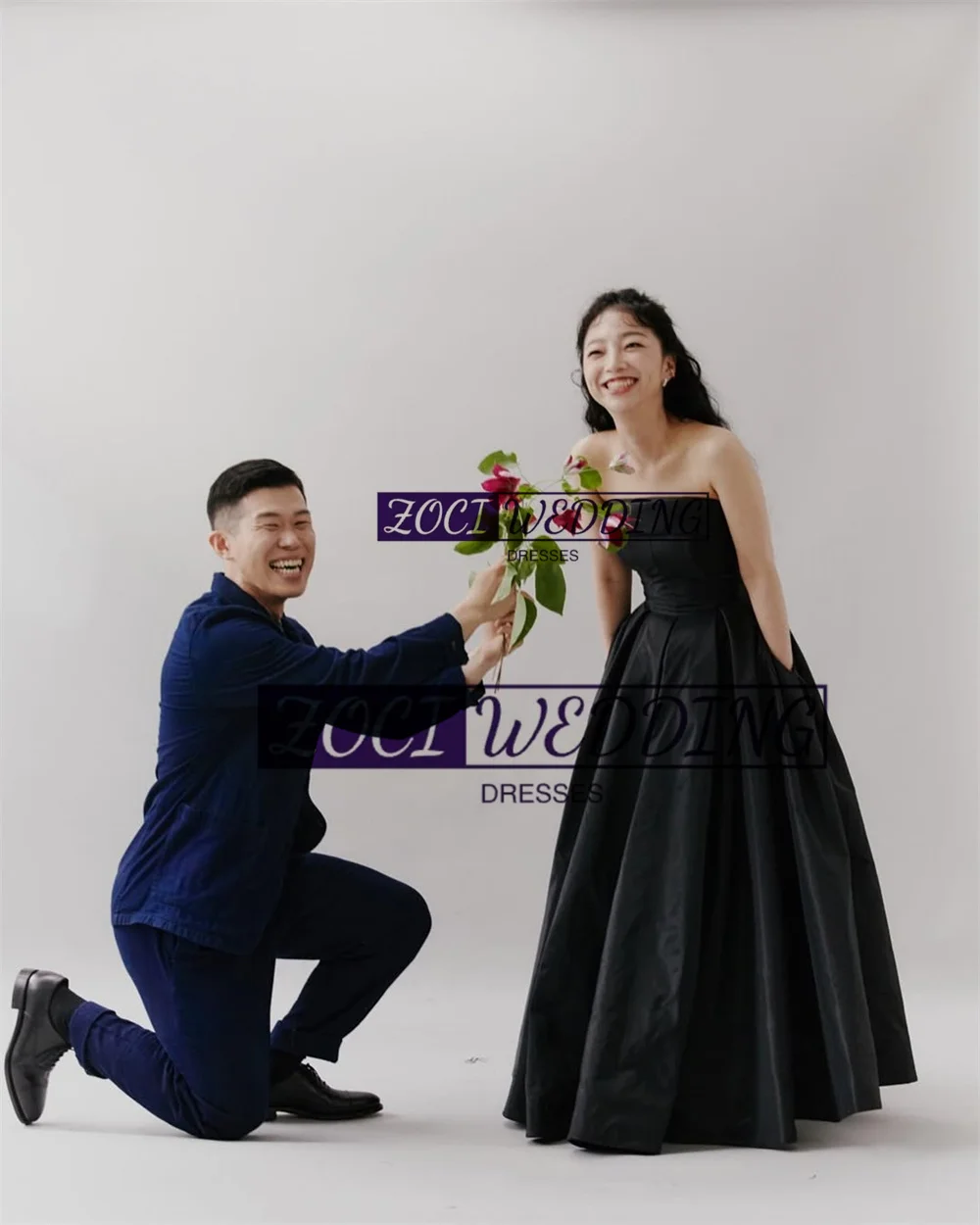 Zoci Elegant Black Korea Evening Dresses Strapless Satin Customized Wedding Photo Shoot Dress Floor Draped Bridal Party Dress